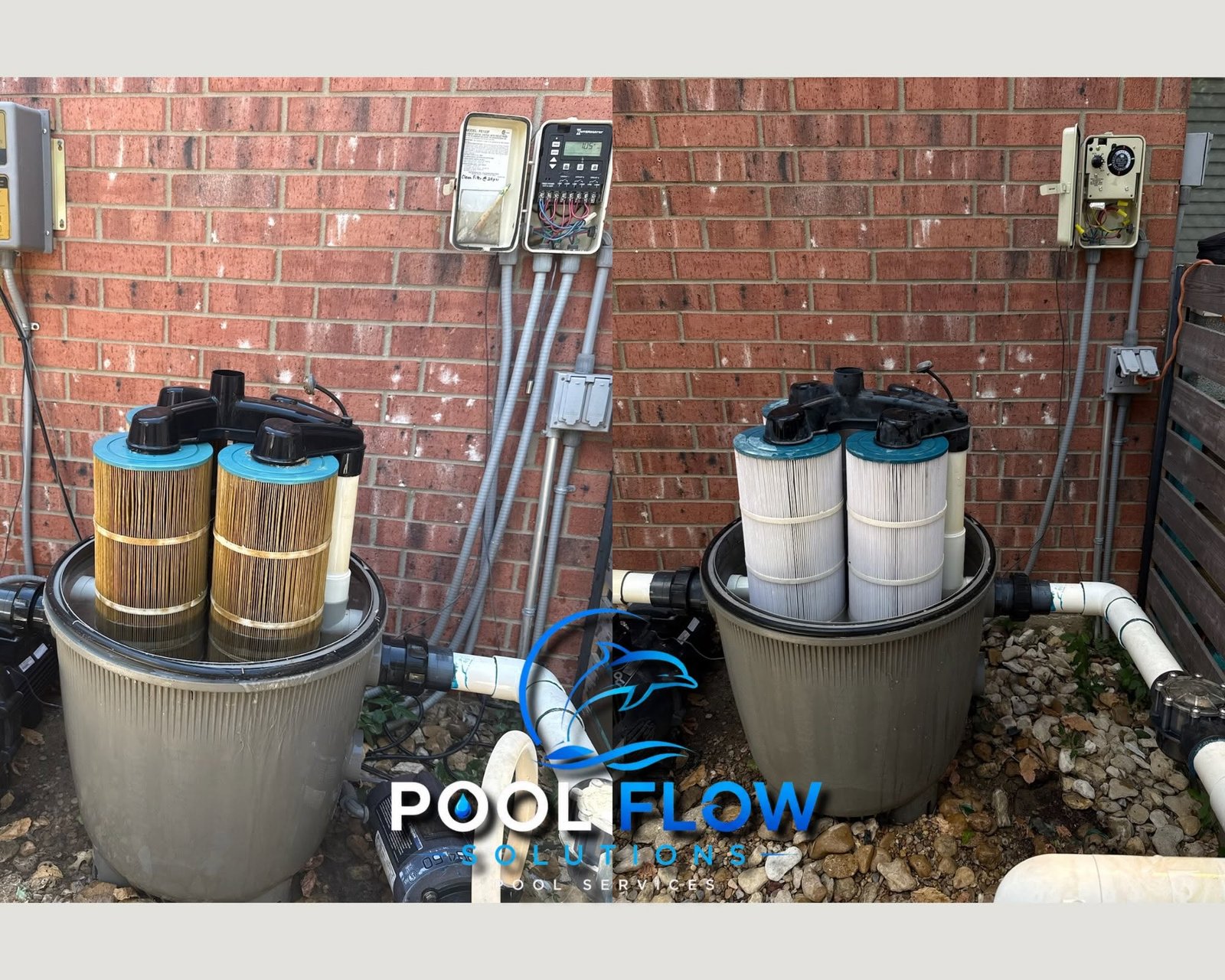 Before and after of dirty pool filters professionally cleaned
