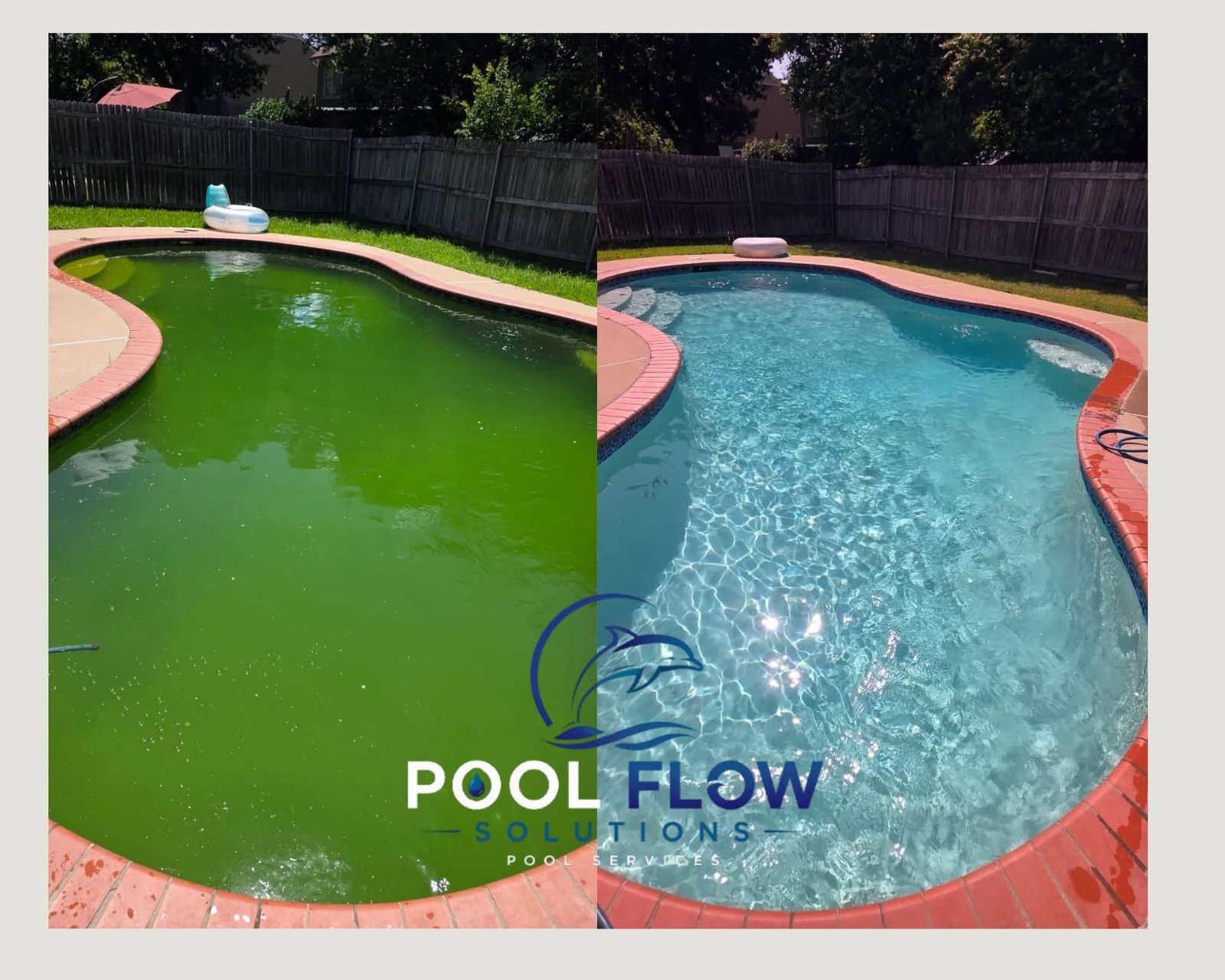 Before and after of a green swimming pool restored to blue water